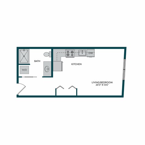 A floor plan of a small apartment with a kitchen, bathroom, and living/bedroom area.